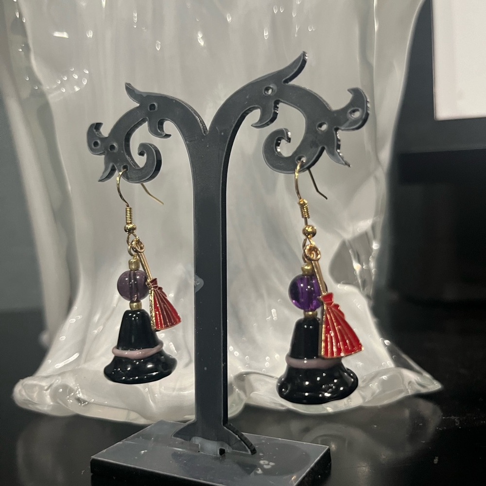 Halloween Glass Witch Hat with broom charm Earrings. Handmade
